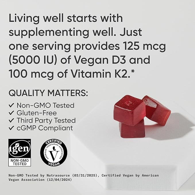 Sports Research® Vegan Vitamin D3 + K2 Sugar Free Gummies - 125mcg (5000iu) Vitamin D w/ 100mcg Mk7 Vitamin K - Supports Bone & Immune Health* - Vegan Certified · Non-GMO · Soy Free - 60 Count