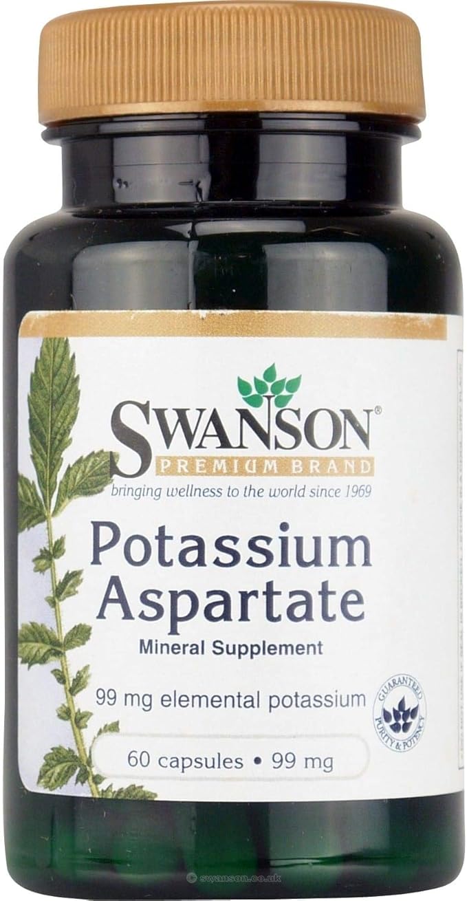 Swanson Potassium Aspartate Electrolyte Mineral Supplement for Active Adults Seeking Daily Potassium Support - Highly Absorbable - 99 mg (60 Capsules)