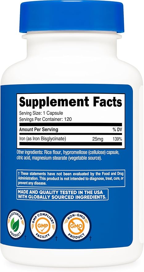 Nutricost Iron Bisglycinate Supplement (25mg) 120 Capsules - from Ferrous Bisglycinate Chelate - Non-GMO & Gluten-Free