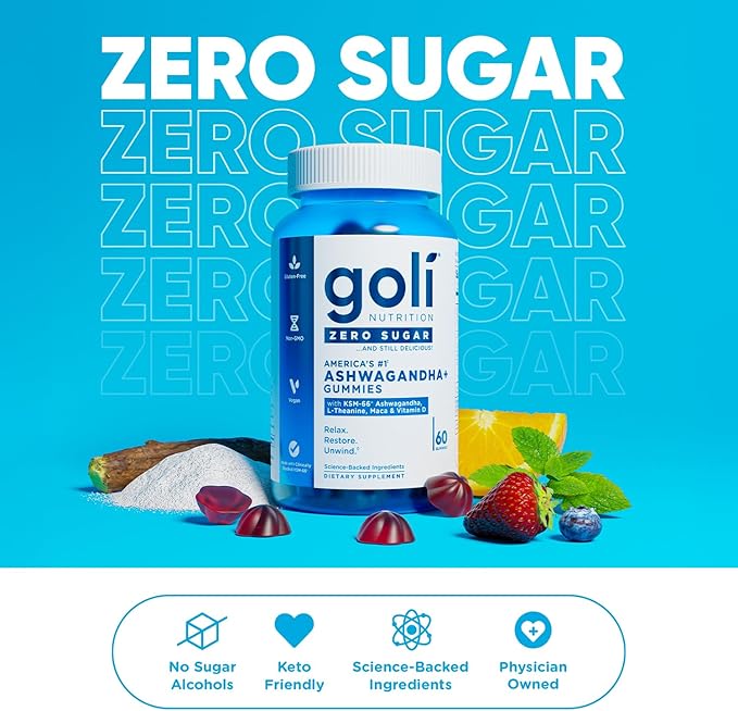 Goli Zero Sugar Ashwagandha Gummies, 60 Count Each (3 Pack, 180 Total) – with KSM-66, L-Theanine, Maca and Vitamin D - No Sugar Alcohols - Vegan, Keto-Friendly, Non-GMO