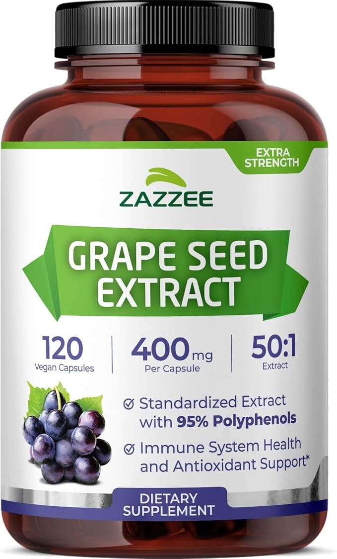 Zazzee High Strength Grape Seed 50:1 Extract, 120 Vegan Capsules, 95% Polyphenols, 400 mg per Capsule, 4 Month Supply, Antioxidant, Circulation & Blood Flow Support, Non-GMO, Made in the USA