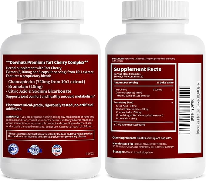 5 in 1 Tart Cherry Extract 3100mg with Bromelain & Chanca Piedra - Support Healthy Uric Acid Levels Already Within Normal Range, Joint Comfort, Non-GMO Vegan Gluten-Free, 60 Capsules