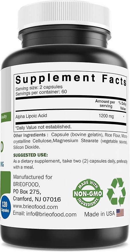 Brieofood Alpha Lipoic Acid 1200mg per Serving - 120 Capsules - Non-GMO, Gluten Free