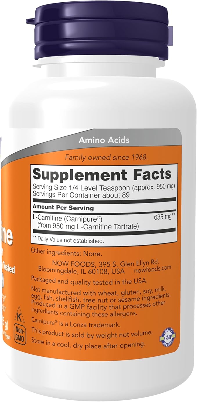 NOW Foods Supplements, L-Carnitine (L-Carnitine Tartrate) Pure Powder, Boosts Cellular Energy, Amino Acid, 3-Ounce