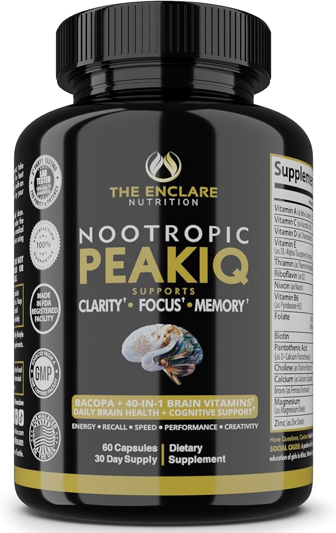Nootropic Brain Booster, Focus Supplement, Clarity, Memory, Brain Vitamins With 40 Nootropics Phosphatidylserine, Bacopa Monnieri, Huperzine A, DMAE, Inositol, L-Glutamine, Selenium, Choline, DHA (1)