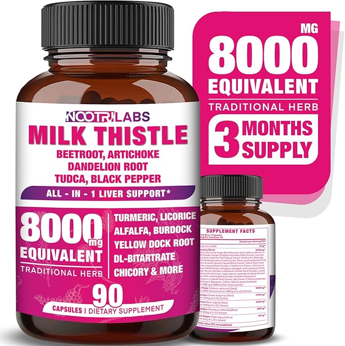 All-in-1 8000mg Highest Potency Milk Thistle NAC BeetRoot Artichoke Dandelion Root - Liver Health Support, Cleanse Detox & Repair, Antioxidant, Plus TUDCA Choline and Ginger - 90 Vegan Capsules