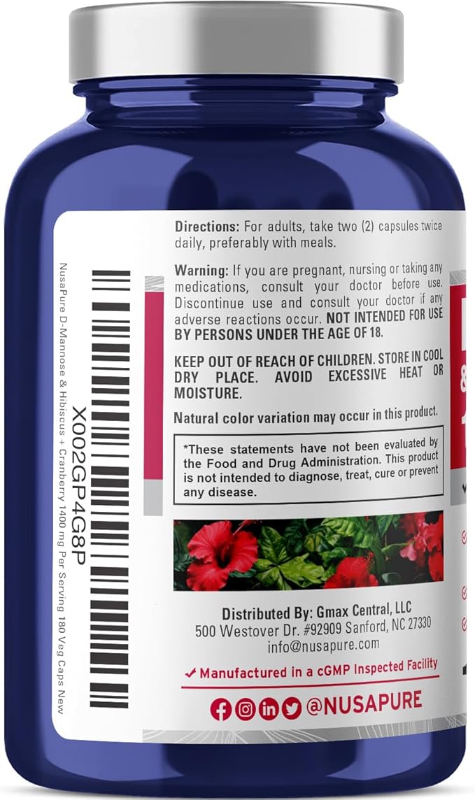NusaPure D-Mannose Complex 1400 mg (with Hibiscus and Cranberry) - 180 Veggie Caps Non-GMO & Vegan