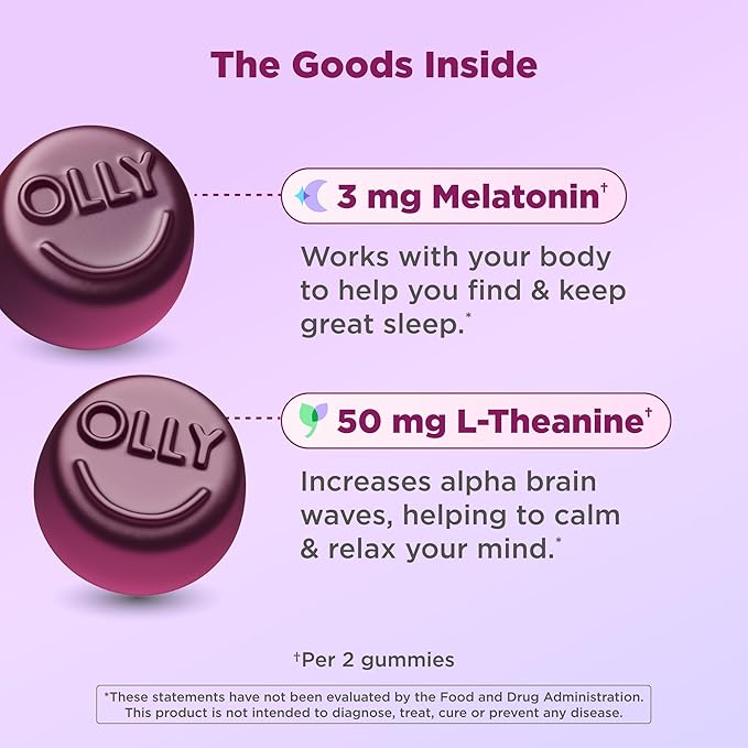 OLLY Sleep Gummy, 3 mg Melatonin, L-Theanine, Chamomile, Lemon Balm, Sleep Aid, Blackberry - 70 Count