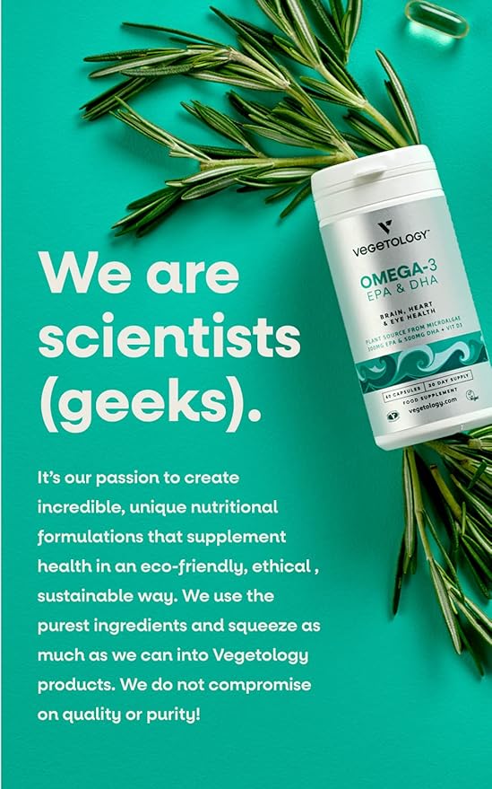 VEGETOLOGY Vegan Omega 3 Supplement – EPA, DHA Supplements & Vitamin D3 – Algae Omega 3 Vegan Supplements for Brain, Eye & Heart Health – for Kids & Adults (180 Capsules)