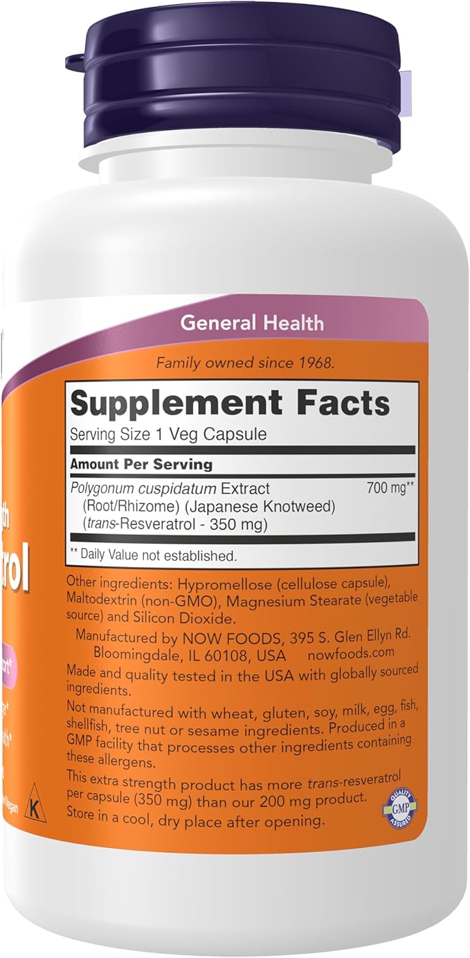 NOW Foods Supplements, Extra Strength Resveratrol 350mg, Natural Trans Resveratrol from 700 mg Japanese Knotweed Extract, 60 Veg Capsule, (Pack of 2)