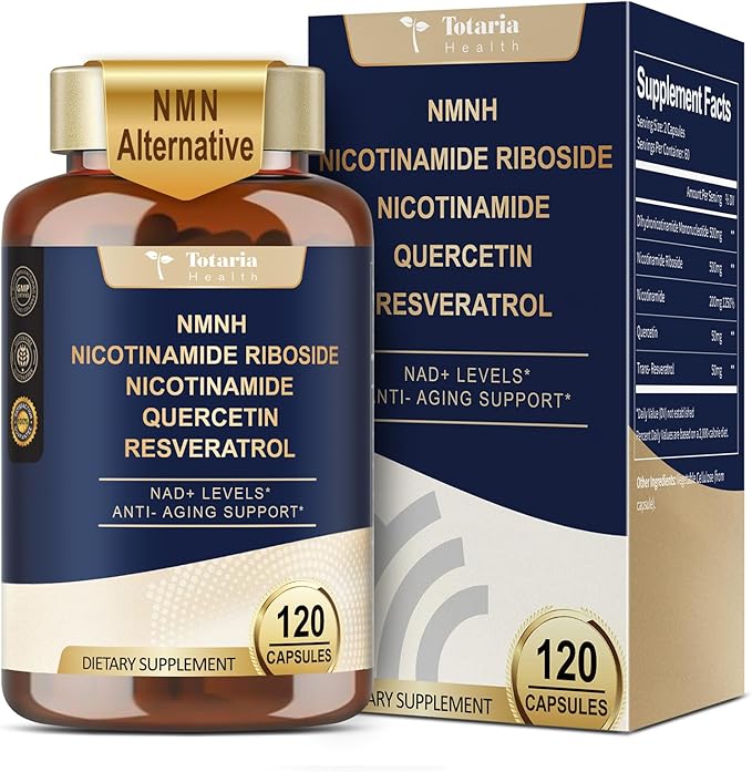 Totaria NMNH 500mg (Dihydronicotinamide Mononucleotide), Premium NMN Alternative Supplement w/Niacinamide (Vitamin B3), Quercetin, Trans-Resveratrol, for NAD+, Skin Cell, Anti-Aging & Energy, 120 Ct