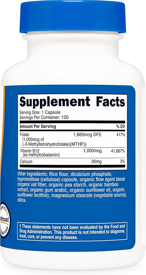 Nutricost Methylated Vitamin B12 + Folate Supplement (2,000 mcg) 120 Capsules - 1,000 mcg of Vitamin B12 + 1,000 mcg of Methyl Folate, Gluten-Free, 60 Servings