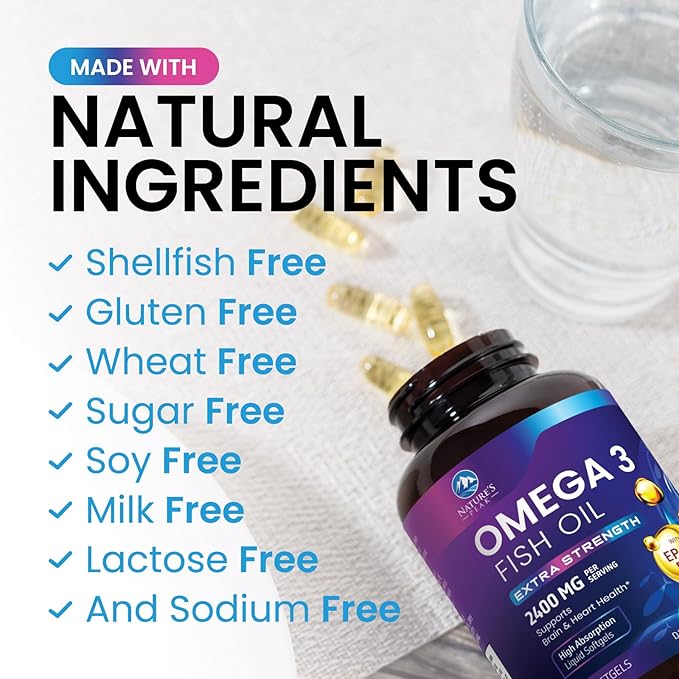 Omega 3 Fish Oil Supplements - 2400mg Fish Oil Per Serving - Triple Strength Omega-3 with Fatty Acids EPA & DHA - Natural Heart, Brain & Immune Support - Wild Caught, Bottled in USA - 120 Softgels