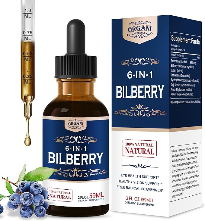 Bilberry Extract Supplement for Eye Health, 6-in-1 Herbal Formula Liquid Drops to Support Eye Strain, Dry Eyes, and Vision Health, Blend with Lutein Zeaxanthin & Eyebright Herb. 2oz