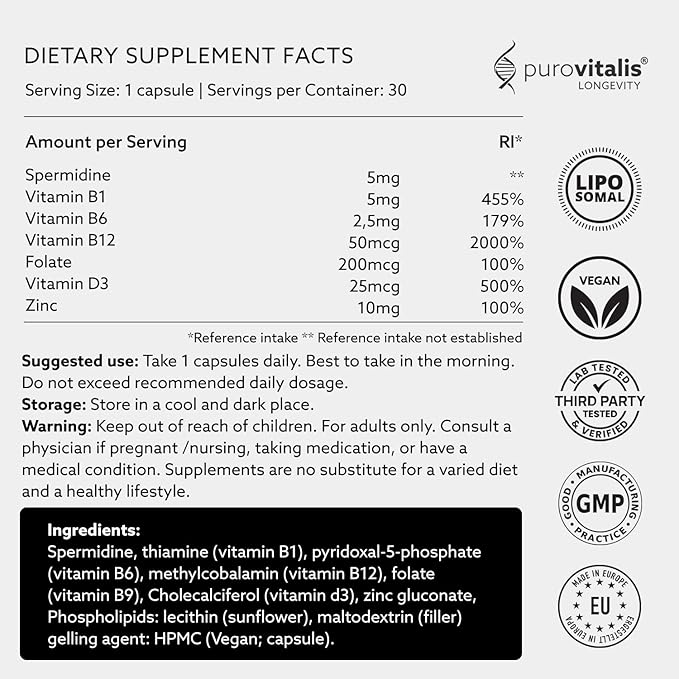 PUROVITALIS Liposomal Spermidine 5mg, Cell Renewal, 30 Servings (30 Vegan Capsules), with Zinc, Vitamin D3 & B12, Anti-ageing Supplement