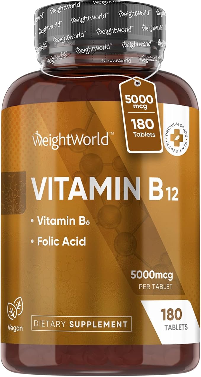 WeightWorld Vegan B12 Vitamin 5000mcg | 6-Month Supply | Vitamin B12 Methylcobalamin Form with Added Vitamin B6 & B9(Folic Acid) | Vitamin B Complex for Women & Men| 1-a-Day VIT B12 Supplement