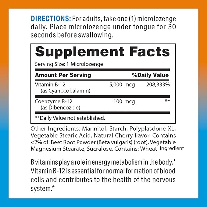 Vitamin World Vitamin B-12 5000 mcg. Sublingual 120 Microlozenges, Supports Energy Metabolism, Supports Heart Health