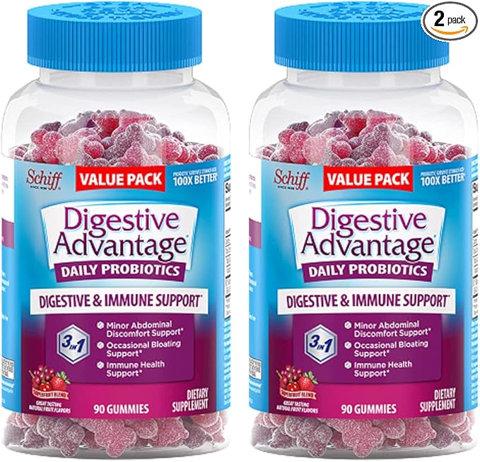 Digestive Advantage Daily Probiotic Gummies for Digestive & Gut Health for Men and Women, Superfruit Flavor, Red, 180 Count, Pack of 2