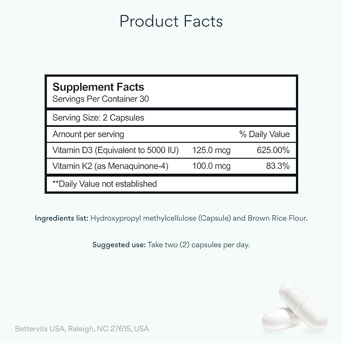 Bettervits Vitamin D3 5000 IU for Women and Men | with High Strength K2 Vitamins for Immune Support and Bone Health | Vitamin D Supplements with Calcium Absorption | 60 Vegetarian Capsules