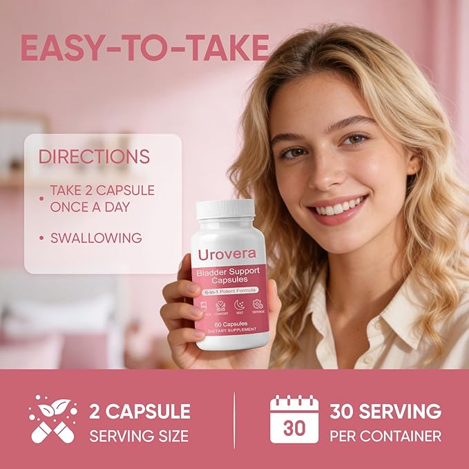 Urovera Bladder Control Capsules, 6-in-1 Bladder Support Supplement, with Triple System, Enhance Muscle Control, Reduce Leakage, Vegan, Non-GMO, 30 Servings (1)