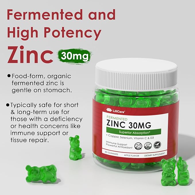 Fermented Zinc Gummies 30mg, Copper, Selenium, Vitamin C, D3, Superior Absorption Zinc Supplements for Women & Men, Immune, Powerful Antioxidant, Zinc Picolinate Alternaitive, Vegan, No Sugar, 2 Pack