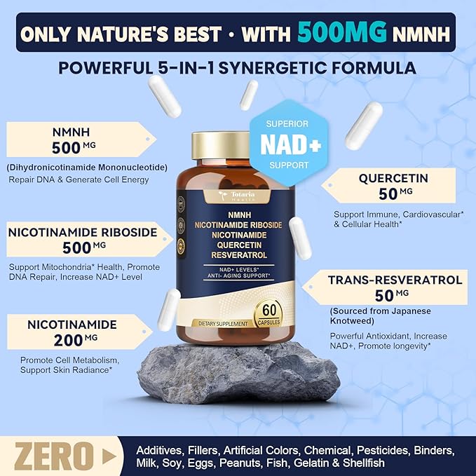 Totaria NMNH 500mg (Dihydronicotinamide Mononucleotide), Premium NMN Alternative Supplement w/Niacinamide (Vitamin B3), Quercetin, Trans-Resveratrol, 60 Ct