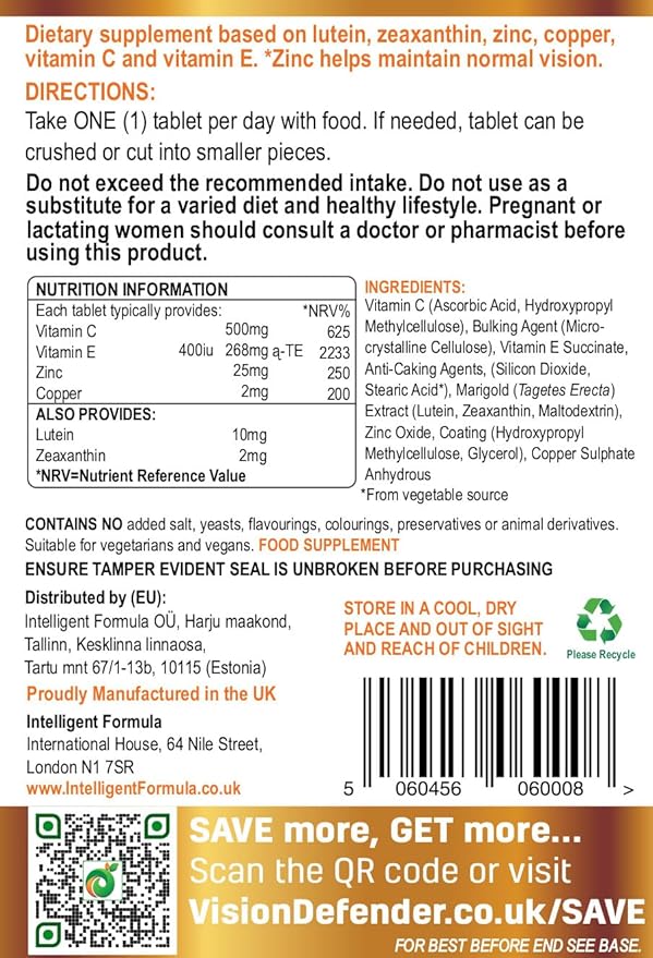 Vision Defender AMD AREDS2 Eye Vitamins – Exact AREDS 2 Formula with Lutein & Zeaxanthin, Vitamins C & E, Zinc 25 mg & Copper – Once Daily Vegan Eye Health Supplement, 90 Tablets