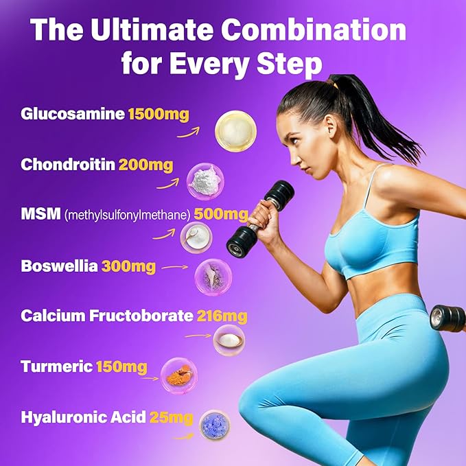 Glucosamine Chondroitin Gummies, Sugar Free Glucosamine Chondroitin MSM Supplement, Extra Strength with Boswellia Turmeric, Hydrolyzed Collagen & Hyaluronic Acid, Bone Health for Men & Women, 120 Cts