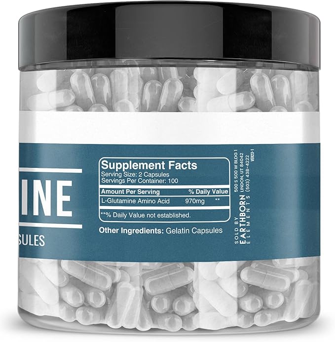 Earthborn Elements L-Glutamine 200 Capsules, Pure & Undiluted, No Additives