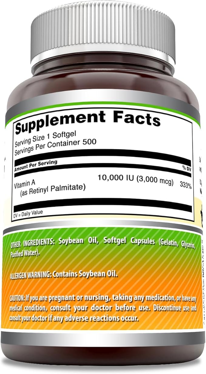 Amazing Formulas Vitamin A 10000 IU Supplement | as Retinyl Palmitate | 3000 Mcg | Softgels | Non-GMO | Gluten Free | Made in USA (1 Pack, 500 Count)