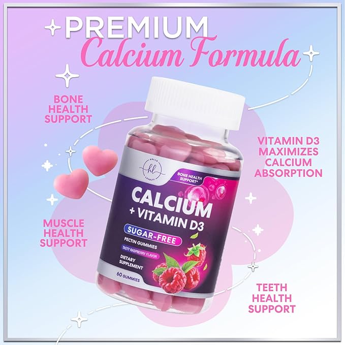 Calcium Gummies with Vitamin D3 10 mcg per Serving - Sugar Free Calcium Supplements for Bone Strength, Teeth & Immune Health Support - Natural Chews, Berry Flavored & High Absorption - 60 Gummies