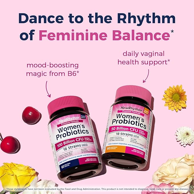 NewRhythm Probiotics for Women, P-5-P, Vitamin C & Organic Cranberry, 100 Billion CFU 18 Strains, Prebiotics & Vaginal Probiotics for Digestive Health & PH Balance, 60 Capsules, No Dairy