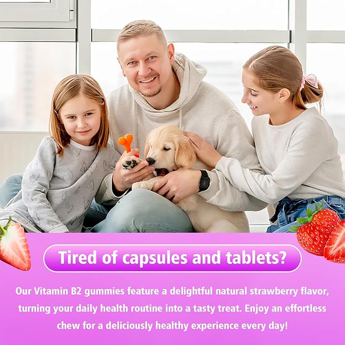 Vitamin B2 Gummies- Riboflavin 400mg with Magnesium & CoQ10 & Vitamins for Kids & Adults, Migraine Relief & Headache Relief - Strawberry Flavor, 60 Gummies