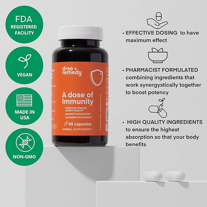 A Dose of Immunity - 7 in 1 Quercetin 500mg Supplement with Bromelain, Zinc, Vitamin C, Vitamin D & Vitamin B Complex Echinacea Immune Support Booster Supplements - (60 Count)