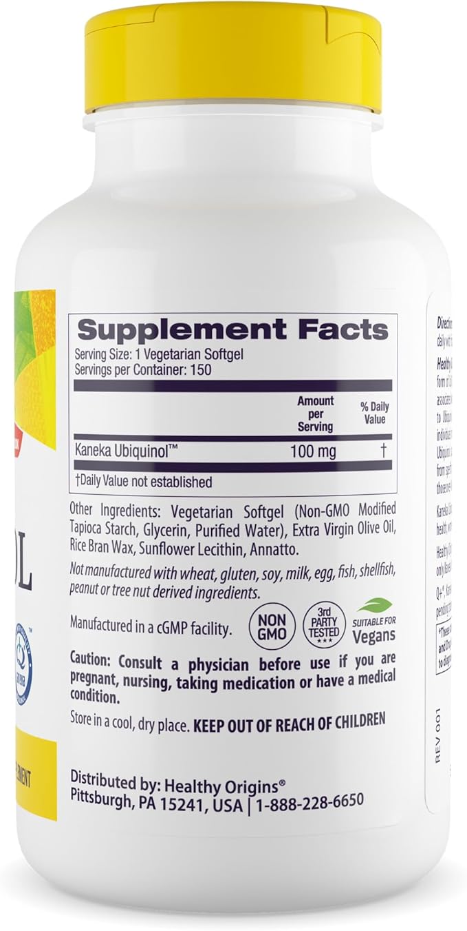 Healthy Origins Vegan Ubiquinol (Active Form of CoQ10), 100 mg - Kaneka Ubiquinol Supplements for Heart Health & Antioxidant Support - Gluten-Free & Non-GMO Supplement - 150 Veggie Gels