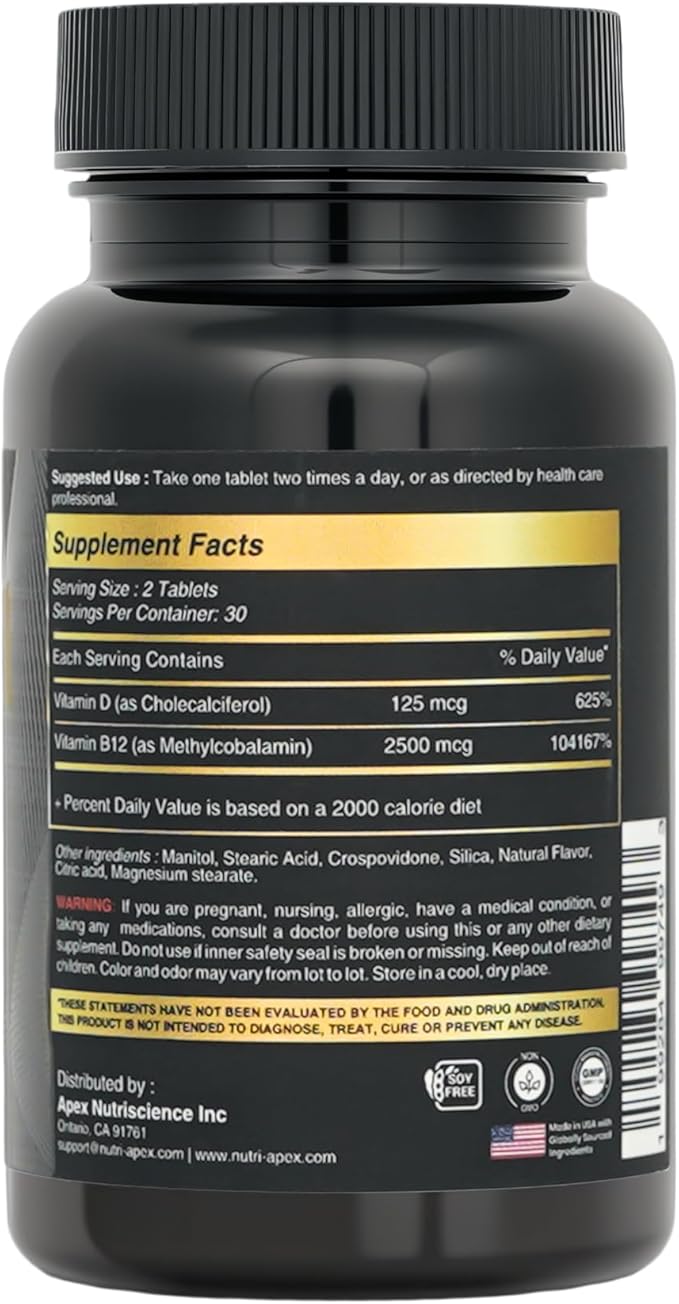 Vitamin B12 2500mcg + Vitamin D3 5000 IU (125mcg) Sublingual Tablets, 60 Count, Daily Energy & Bone Support, Lab Tested, Made in USA (60 Count (Pack of 1))