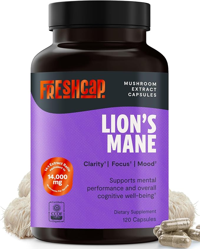 FreshCap Mushrooms Ayurveda Lions Mane Supplement Capsules 14,000mg - Lion's Mane, High Potency Extract, 14:1 Organic Mushroom Supplement, Focus Made in USA (120 Capsules)