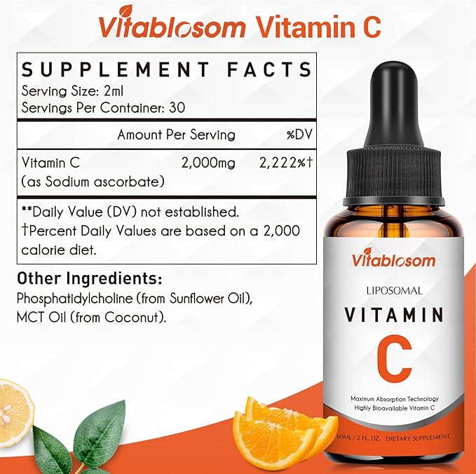 Liposomal Vitamin C 2000mg Liquid for Adults, High Absorption VIT C, Maximize Vitamin C, Immune System & Antioxidant Support, 60ML (4 Bottle)