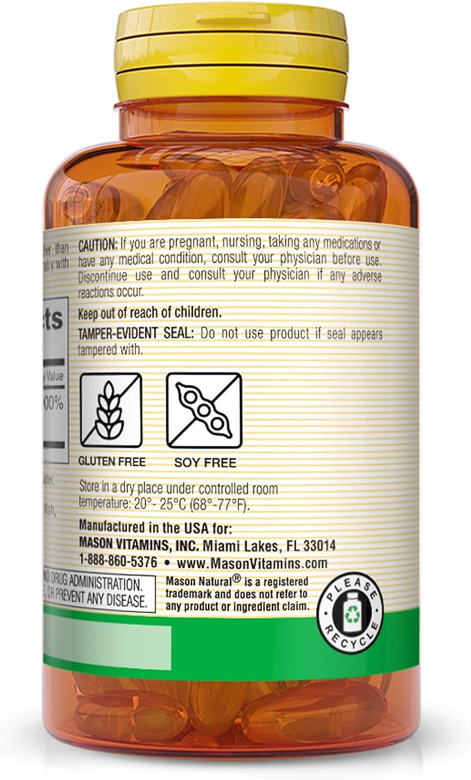 MASON NATURAL Vitamin E, 450 mg (1,000 IU), Daily Dietary Supplement with Essential Nutrient for Overall Wellness, 100 Softgels (Pack of 1)