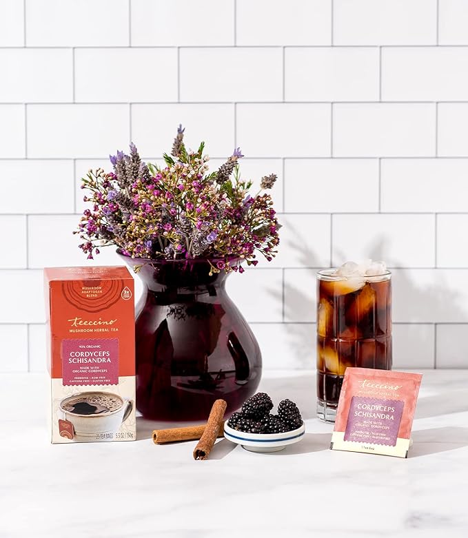 Teeccino Cordyceps Schisandra Tea - Cinnamon Berry - 25 TeaBags - Caffeine Free Mushroom Adaptogenic Herbal Tea, 3x More Herbs Than Regular Tea Bags, Naturally Sweet, Gluten Free, Prebiotic