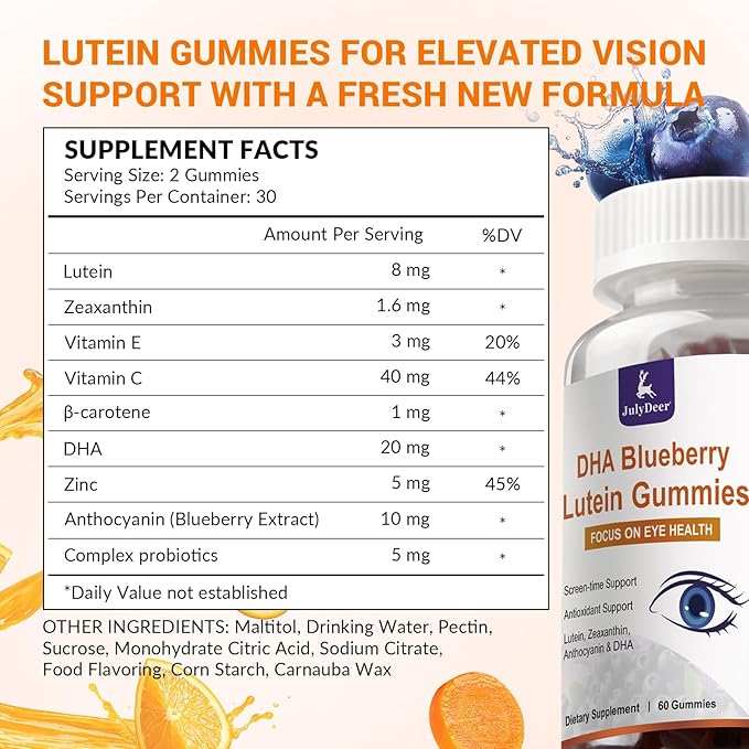 Lutein and Zeaxanthin Gummies Supplements Support Eye Health, 9 in 1 with Vitamin E and C, B-carotene, DHA, Zinc, Anthocyanin (Blueberry Extract), Complex Probiotics, Non-GMO, Gluten Free I 60 Gummies