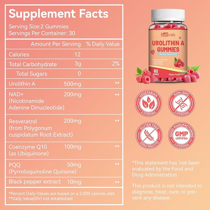 Urolithin A Supplement Gummies,Urolithin A+ Supplement with NAD+, CoQ10, Resveratrol,PQQ for Mitochondrial Support, Muscle Strength & Longevity,Vegan,Sugar Free,Chewable 60ct