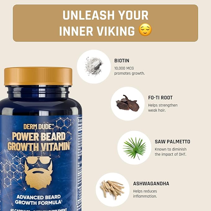 Derm Dude Power Beard Growth Vitamins for Men | With Biotin 10K MCG, Zinc B12 Saw Palmetto & Keratin for Healthier Thicker Fuller & Stronger Facial Hair | Restore Hair Breakage & Thinning, 60 Capsules