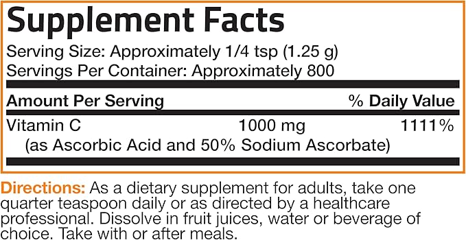 Bronson Buffered Vitamin C Powder Ascorbic Acid Buffered with Sodium Ascorbate Soluble Fine Crystals – Promotes Healthy Immune System and Cell Protection – Powerful Antioxidant - 1 Kilogram (2.2 Lbs)
