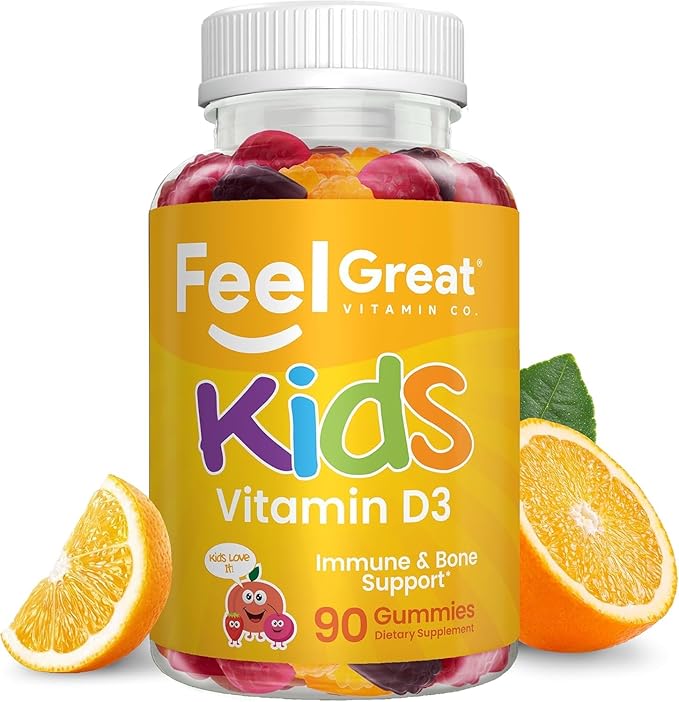 Feel Great Kids Vitamin D3 1000 IU Gummies (2-Pack) | Kids Vitamin D Gummies for Healthy Bones, Mood, & Immune Support | Citrus Flavored Vegetarian D3