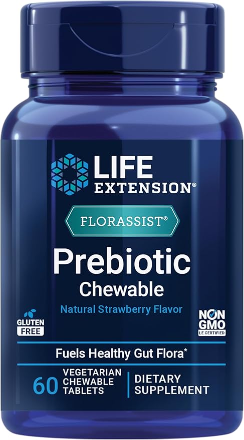Life Extension FLORASSIST® Prebiotic Chewable (Strawberry), 1000 mg xylooligosaccharides, prebiotic Supplement Provides Fuel for Gut Flora, Gluten-Free, Non-GMO, Vegetarian, 60 chewable Tablets