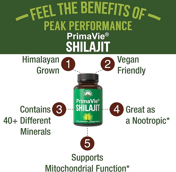 PrimaVie Purified Shilajit Capsules Made with Pure Shilajit Powder. Clinically Tested Natural Supplement with 40+ Trace Minerals, Fulvic Acid. Tablets Support Mitochondria + Brain Function