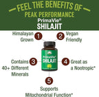 PrimaVie Purified Shilajit Capsules Made with Pure Shilajit Powder. Clinically Tested Natural Supplement with 40+ Trace Minerals, Fulvic Acid. Tablets Support Mitochondria + Brain Function