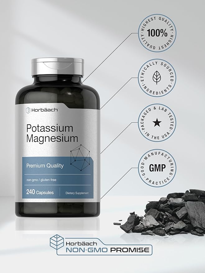 Horbäach Potassium Magnesium Supplement | 240 Capsules | Premium Quality | Non-GMO & Gluten Free