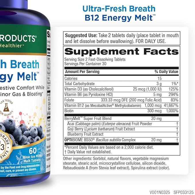 Ultra Fresh Breath B12 Energy Melts – 1000 mcg Methylcobalamin + Probiotics, Zinc, D3 & Biotin – Supports Energy, Immunity, Digestive Comfort & Oral Health - Mint Flavor Chewable Tablets – 60 Count